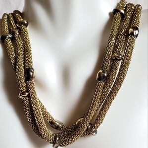 Vintage sterling silver 3 strand gold mesh beaded necklace